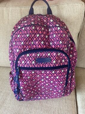 Vera Bradley Katalina Pink Campus Patterned Quilted Backpack with Navy Trim